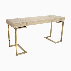 Modern Italian Travertine Top and Brass Chromed Base Console Table, 1970s
