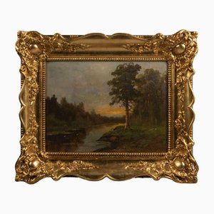 Forest & River Landscape Painting, Early 20th-Century, Oil on Board, Framed