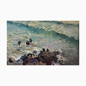 Matteo Sarno, Fishermen on the Rocks, 20th Century, Oil on Canvas