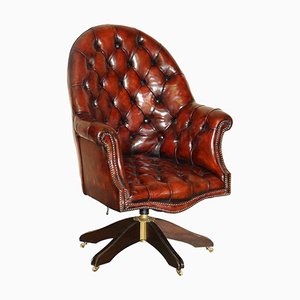 Vintage Brown Leather Oak Framed Director Chesterfield Captains Armchair