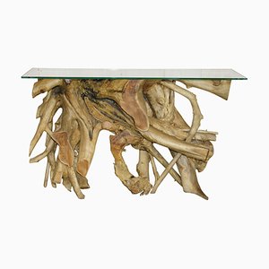 Vintage Drift Wood Limed Teak Console Table with Thick Glass Top