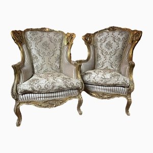 Vintage Carved High Back Armchairs, Set of 2