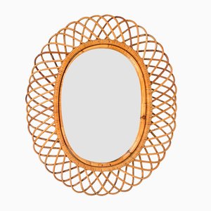 Mid-Century Rattan and Bamboo Oval Mirror, Italy, 1960s