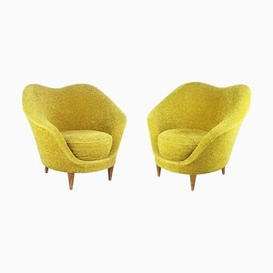 Sculptural Light Green Velvet Lounge Chairs with Wooden Legs by Federico Munari, 1950s, Set of 2