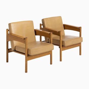 Armchairs in Oak and Leather by Uluv Krasna Jizba, 1960s, Set of 2