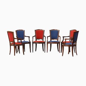 Spanish Oak Chairs in Smooth Red and Blue Velvet, Set of 6