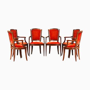 Spanische Rote Samt Eichenholz Stühle, 6er Set