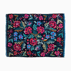 Moldavian Handwoven Wool Kilim Rug with Black Background, Roses and Blue Flowers