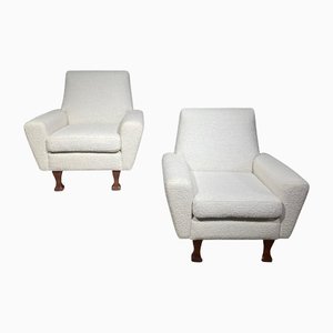 Italian White Bouclette Easy Chairs with Wood Legs, Set of 2