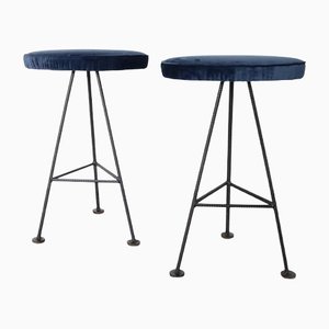 Set of Bar Stools in Iron and Blue Velvet, 1960s