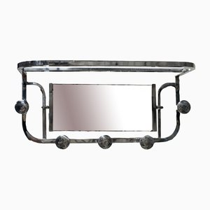 Art Deco French Polished Aluminium Coat Rack with Mirror