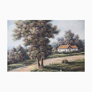 P. Wilson, Landschaft mit rustikalem Haus und Wildblumenwiese, Öl auf Leinwand, gerahmt