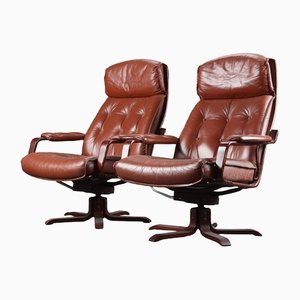 Danish Brown Leather Swivel Chairs, Set of 2
