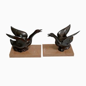 Patinated Metal and Marble Swan Bookends, 1930s-1940s, Set of 2