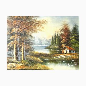 Dipinto di paesaggio forestale, olio su tela, con cornice