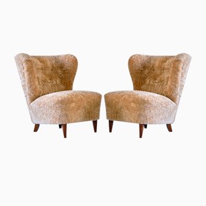 Swedish Lounge Chairs in Sheepskin and Ash Wood by Johannes Brynte, 1940s, Set of 2