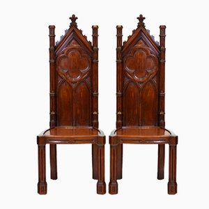 Antique Gothic Walnut Hall Chairs, 1850s, Set of 2