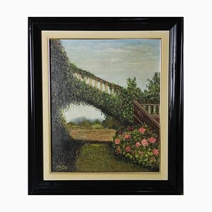 Neu San, The Flowered Bridge in the Garden, Oil on Canvas, Framed