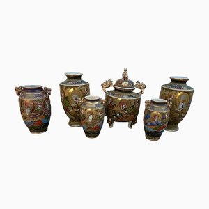 Large Antique Meiji Satsuma Moriage Vases and Burners, Japan, Set of 7