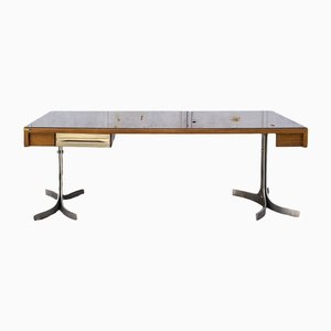 Large Italian Desk in Aluminum Wood and Glass from Trau, 1960s