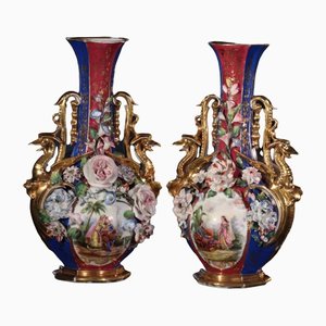 Porcelain & Gilded Vases in the style of Jacob Petit, Set of 2