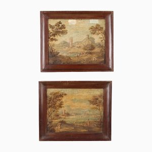 Landscape Compositions with Women, 20th-Century, Oil on Canvas, Framed, Set of 2