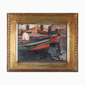 A. Guarino, Figurative Painting with Boats, Italy, 1929, Oil on Panel, Framed