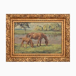 Desconocido, caballos pastando, pintura original, principios del siglo XX, enmarcado