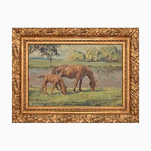 Unbekannt, Weidende Pferde, Original Gemälde, Frühes 20. Jh., Gerahmt