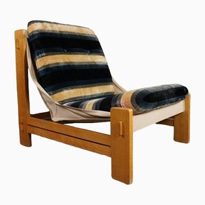 Vintage Danish Wood and Linen Lounge Chair