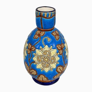 Petit Vase Début 20ème Siècle avec Décorations Florales en Emaux de Longwy