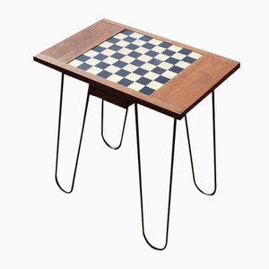Mesa de ajedrez francesa moderna de madera y acero, años 50