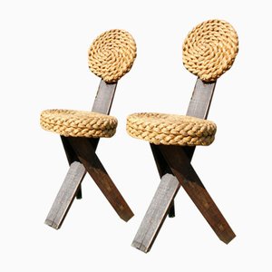 Französische Brutalistische Stühle aus Holz, Stroh und Eisen von Audoux Minet, 1950er, 2er Set