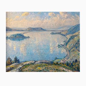 Dipinto con vista sul lago, olio su tela, con cornice