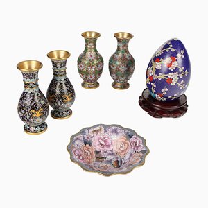 Cloisonné Decorative Set in Porcelain, China, 1960s-1970s, Set of 6