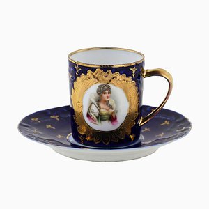 Porcelain Tea Cup & Saucer with Image of Empress Josephine, Set of 2