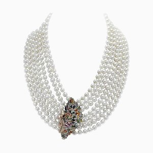Collana in oro e argento con zaffiri, rubini, smeraldi, diamanti e perle