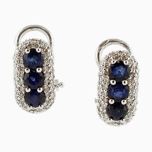 18k White Gold Earrings with Diamonds and Blue Sapphires, Set of 2