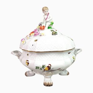 Large Antique Tureen with Hand-Painted Birds