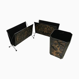Mid-Century Tin Chinoiserie Magazine Racks and Waste Bin from Worcester, Set of 2