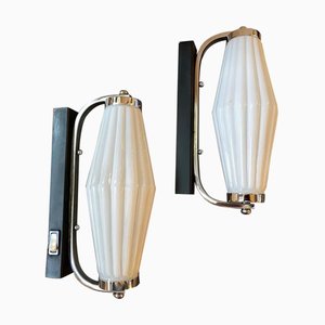 Art Deco Chromed Metal and Milk Glass Wall Sconces, 1940s, Set of 2