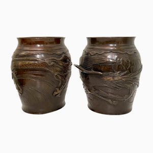 Japanese Vases in Bronze with Dragon and Bird Figure, 1900, Set of 2