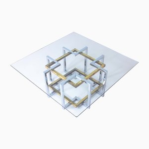 Belgian Geometrical Coffee Table in Brass and Chrome from Belgo Chrom, 1970s