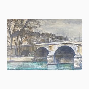 Aurèle Barraud, Parisian Bridge, 1950s, Watercolor, Framed