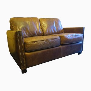 Patinated Brown Stitched Leather 2-Seater Sofa with Brass Studs