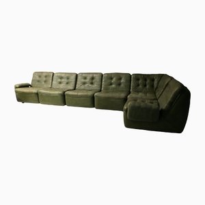 Patchwork Olive Green Patinated Leather Modular Sofa, 1970s, Set of 6