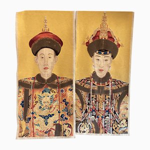 Große Porträts eines chinesischen Kaiserpaares aus der Ming-Dynastie, Öl auf Textil, 2er Set