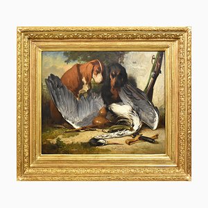 French Artist, Two Hunting Dogs, 19th Century, Oil Painting on Wood, Framed