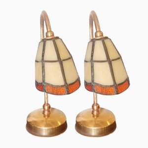 Vintage Table Lamps in Brass and Glass, Set of 2