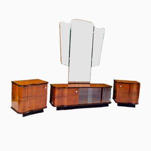 Coiffeuse Art Déco avec Miroir et Tables de Chevet, Set de 3